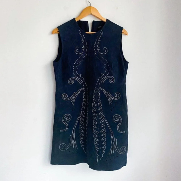 Zara Dark Navy Blue Suede Stud Rivet  Detail Design Sleeveless Shift Dress L - Picture 5 of 7